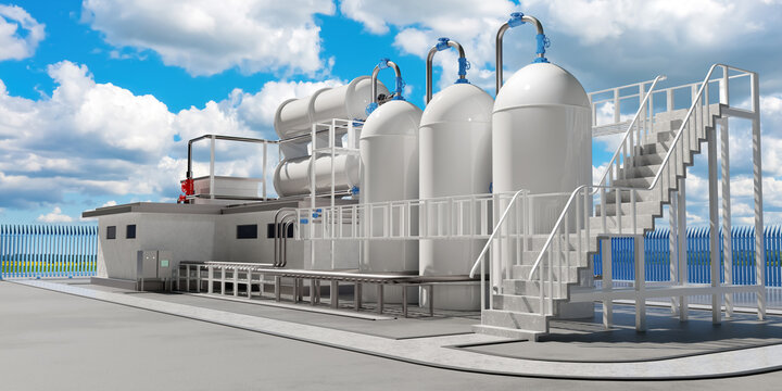 Chemical factory. Factory building. White tanks near stairs. Innovative industrial building. Chemical manufactory. Industrial building in summer weather. Chemical factory exterior. 3d image