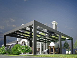 Modern outdoor patio and sunroom, gazebo pergola. 3d rendering
