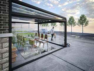 Modern outdoor patio and sunroom, gazebo pergola. 3d rendering - obrazy, fototapety, plakaty