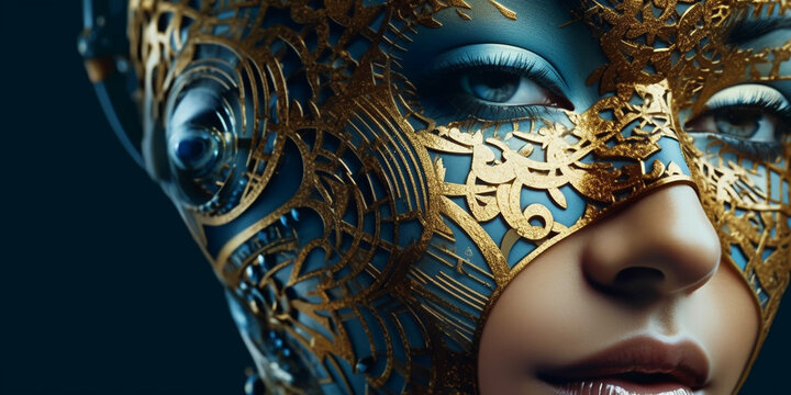 H&uuml;bsches Frauen Gesicht mit gold Aplikation Visagistik und Maske Poster Nahaufnahme, ai generativ