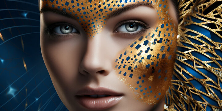 H&uuml;bsches Frauen Gesicht mit gold Aplikation Visagistik und Maske Poster Nahaufnahme, ai generativ