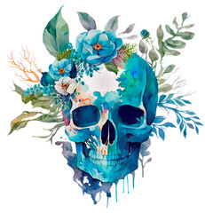 Gothic floral skull with blue flowers illustrations in watercolor style. Sugar skull art on white background. Generative AI image.