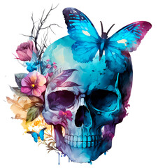 Gothic floral skull with blue butterfly, flowers illustrations in watercolor style. Sugar skull art on white background. Generative AI image.
