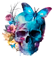 Peel and stick wall murals Aquarel Skull Gothic floral skull with blue butterfly, flowers illustrations in watercolor style. Sugar skull art on white background. Generative AI image.