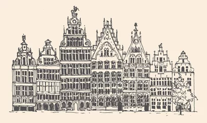 Photo sur Aluminium Anvers Travel sketch of Antwerpen, Belgium. Urban sketch of ancient houses in black color isolated on beige background. Historical building line art. Freehand drawing. Hand drawn travel postcard of Antwerpen