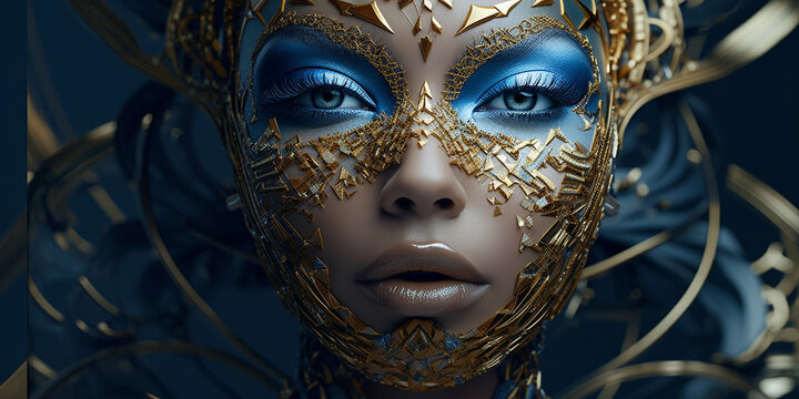 H&uuml;bsches Frauen Gesicht mit gold Aplikation Visagistik und Maske Poster Nahaufnahme, ai generativ