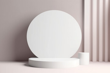 Abstract empty white round concrete podium on pastel background with shadow. Mock up stand for cosmetic product and presentation. 3D room. Minimal concept. Product display.