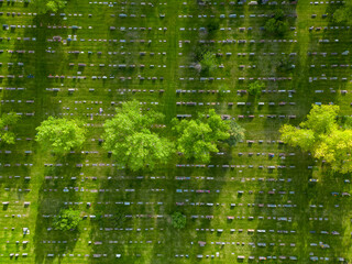 Field of gravestones in a beautiful cemetery from aerial drone