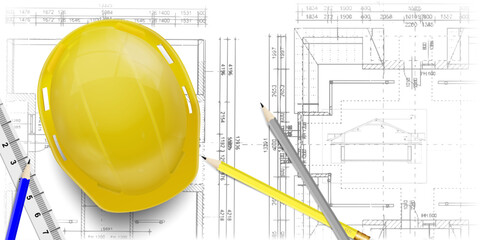 Yellow helmet, calculator, level and project drawings