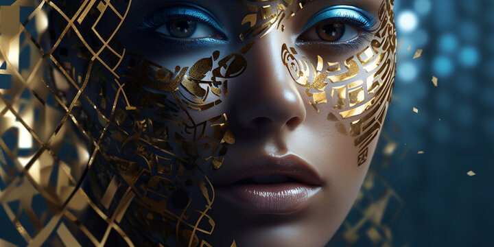 H&uuml;bsches Frauen Gesicht mit gold Aplikation Visagistik und Maske Poster Nahaufnahme, ai generativ
