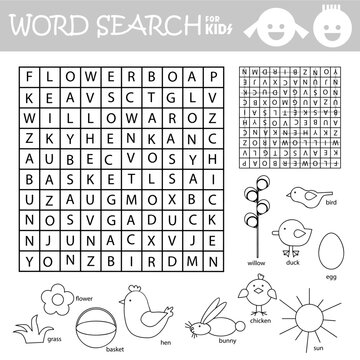Word search crossword puzzle. Easter. Find the listed words in the puzzle and cross them out. Vector educational game for children. Activity worksheet printable page