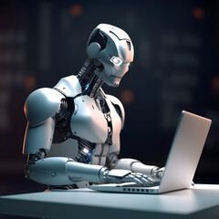 Futuristic robot using computer laptop. AI generated