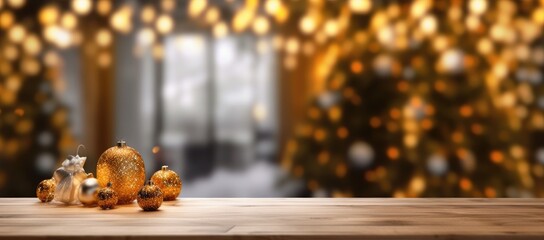 Christmas decorations on wooden floor, lights with bokeh effect in the background. Generative AI