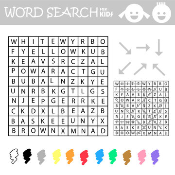 Word search crossword puzzle. Colors. Find the color name words in the puzzle and cross them out. Vector educational game for children.  Worksheet learning English language