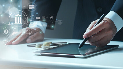 Digital banking , Online payment, Financial and banking, Business technology, Businessman using tablet to access digital banking information.