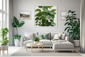 White living room with sofa, generative ai