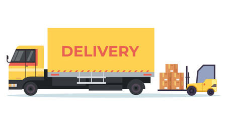 Truck unload forklift distribution delivery van service concept. Vector graphic design illustration © PrettyVectors