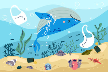 Naklejka na ściany i meble Sea ocean garbage marine trash polluted concept. Vector graphic design illustration 