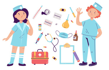 Doctor child kid children hospital isolated set. Vector design graphic illustration