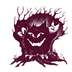 pen drawing of a scary monster emerging from a dark forest