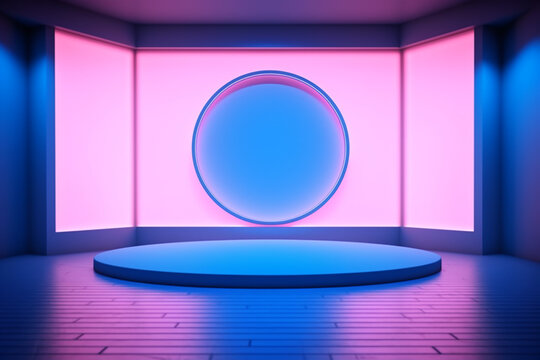 Abstract blue pink neon studio background for product presentation. Empty room with shadows of window. Display product with blurred backdrop.