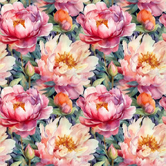 Peach and pink peony blossom seamless pattern. Vintage flowers botanical background. Watercolor floral digital paper. Generative AI image.