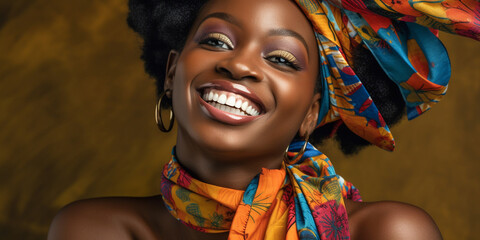 Hübsche Afroamerikanischen Frau Gesicht mit bunten Turban Kopftuch lacht Nahaufnahme Querformat, ai generativ
