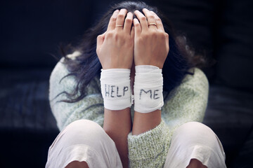 Wrist, depression and woman with help on bandage for suicide, self harm or person in dark mental health crisis. Bandages, girl and injury from depressed accident, problem or mistake in cutting wrists - obrazy, fototapety, plakaty