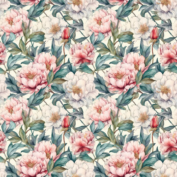 Blush pink peony seamless pattern. Vintage flowers botanical background. Watercolor floral digital paper. Generative AI image. © Iryna