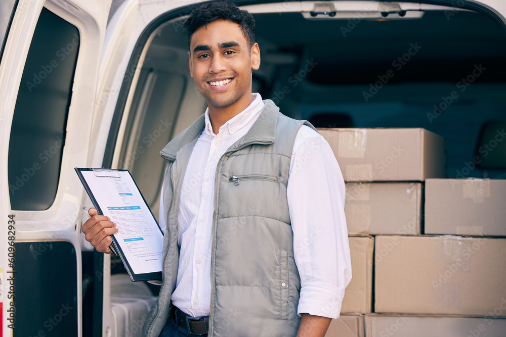 Poster delivery man, box and working with a checklist in the van, courier service or portrait of employee s