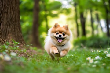 Illustration of a lively Pomeranian dog frolicking through a lush green forest created with Generative AI technology