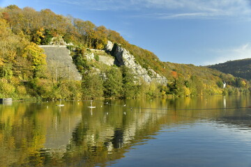 Obraz premium Pans de rochers couverts de végétation en automne se reflétant dans la Meuse à Profondeville 