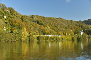 Végétation luxuriante et bucolique des collines se reflétant dans les eaux calmes de la Meuse à Profondeville