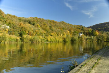Végétation luxuriante et bucolique des collines se reflétant dans les eaux calmes de la Meuse à Profondeville