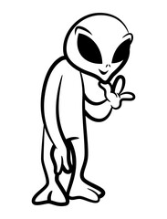 Funny Alien cartoon characters smile and greeting. We come with peace. Best for outline, logo, and coloring book with science-fiction themes for kids