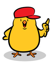 Little Chicks cartoon characters wearing a red hat, pointing with it's wing to explain something. best for sticker, logo, and mascot with education themes for kids