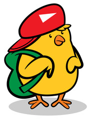 Little chicks cartoon characters wearing a red cap and carrying backpack get ready for going to school. Best for sticker, logo, and mascot with education themes for kids