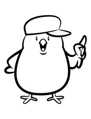 Little Chicks cartoon characters wearing a hat, pointing with it's wing to explain something. best for outline, logo, and coloring book with education themes for kids