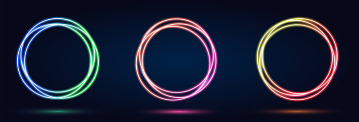 Set of colorful neon vector collection. Circle shape with neon splash lighting on dark background. Abstract background with liquid gradient. Fantastic, modern technology futuristic style.