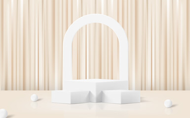 Abstract white realistic 3d cylinder pedestal podium with fabric backdrop. Abstract vector rendering geometric platform with shadow overlay. Product display presentation. Minimal scene.