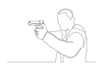 Continuous line drawing of a man holding a guns vector illustration. Premium vector.