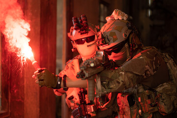 Soldier in anti-terrorist warfare in a dark building, Anti-terrorist operation training on the battlefield