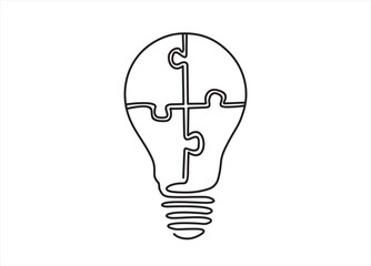 Continuous one line drawing of light bulb and grup of puzzle. inside.  Puzzle game symbol and iconic business metaphor for problem solving, solution and strategy. Illustration with quote template.