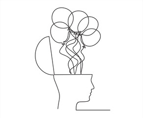 One continuous single line of human head with Balloons inside. Mental health concept vector illustration. Psychological therapy and treatment. World mental health day.