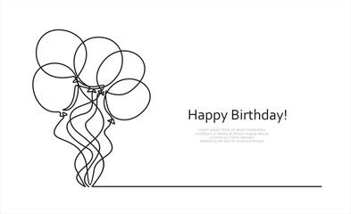 Continuous line  balloons. Holiday festive present gift concept. Birthday party decoration helium balloons silhouette design. Sketch outline drawing vector illustration
