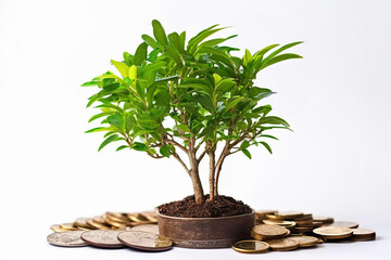 Fototapeta na wymiar Photo of a houseplant sitting on a stack of coins, symbolizing financial growth through investing in nature