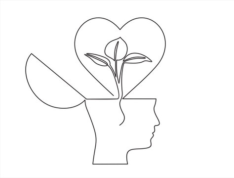 recommend clip art: One continuous single line of human head with heart shape flower inside. Mental health concept vector illustration. Psychological therapy and treatment. World mental health day.