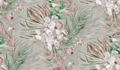Botanical watercolor seamless pattern with bouquets of palm leaves and dry herbs for textile