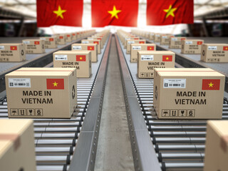 Made in Vietnam. Cardboard boxes with text made in Vietnam and  vietnamian flag on the roller conveyor.