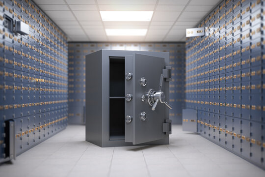 Safe vault in a safe deposit box room of a bank. Safety and security of savings concept.